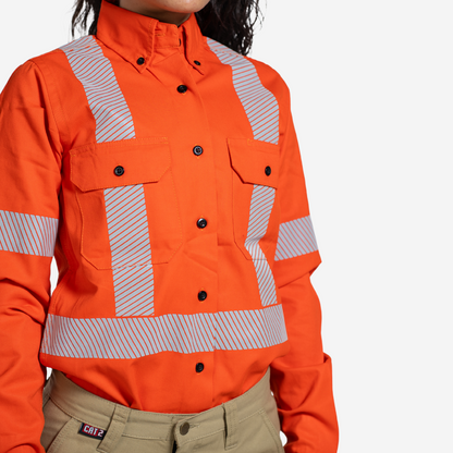 MWG COMFORT WEAVE Women's FR Shirt. Women's FR Shirt is bright orange with silver reflective. Women's FR Shirt is CAT 2 FR.