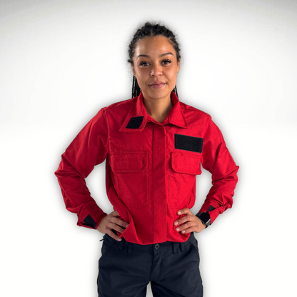 MWG RIPGUARD Women's FR Wildland Shirt. Women's FR Shirt is bright red with a black velcro name patch.