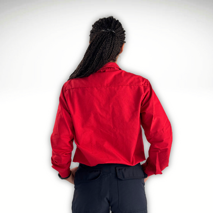 MWG RIPGUARD Women's FR Wildland Shirt. Women's FR Shirt is bright red with a black velcro name patch.