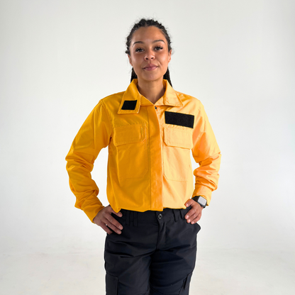 MWG RIPGUARD Women's FR Wildland Shirt. Women's FR Shirt is bright yellow with a black velcro patch.