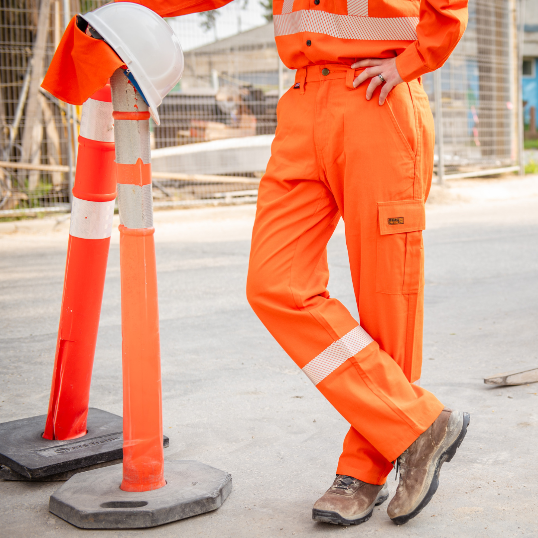 MWG COMFORT WEAVE Men's FR Utility Pants. Men's FR ants are bright orange with silver reflective on lower leg. Inherent flame-resistant fabric.