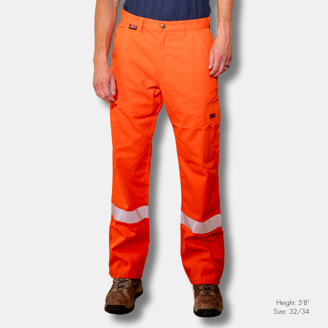 MWG COMFORT WEAVE Men's FR Utility Pants. Men's FR ants are bright orange with silver reflective on lower leg. Inherent flame-resistant fabric.