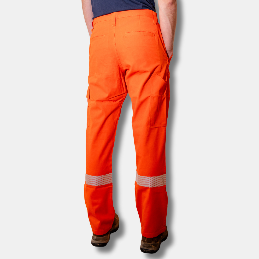 MWG COMFORT WEAVE Men's FR Utility Pants. Men's FR ants are bright orange with silver reflective on lower leg. Inherent flame-resistant fabric.