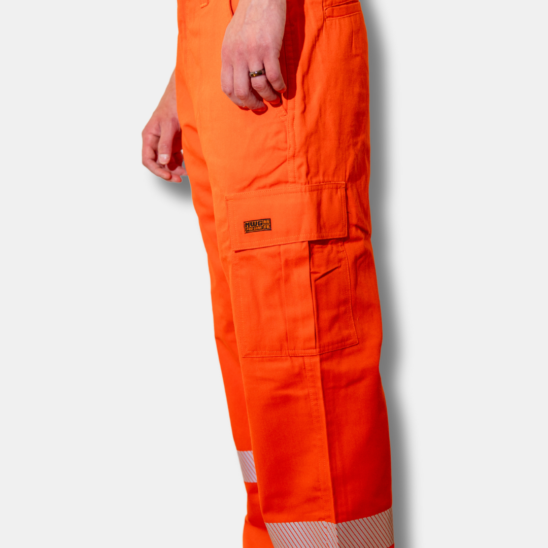 MWG COMFORT WEAVE Men's FR Utility Pants. Men's FR ants are bright orange with silver reflective on lower leg. Inherent flame-resistant fabric.