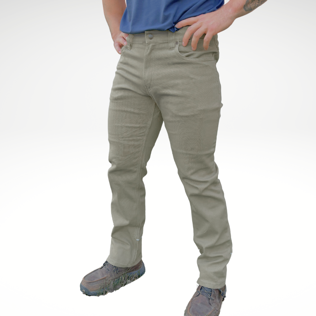 Men's Stretch Canvas Work Pant. Olive in color. Silver reflective on back of leg.