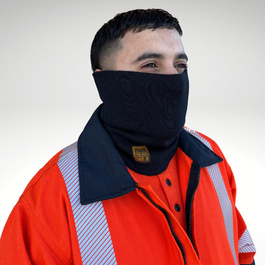 FR Neck Warmer. Inherently flame-resistant fabric. Dark navy with a gold logo.