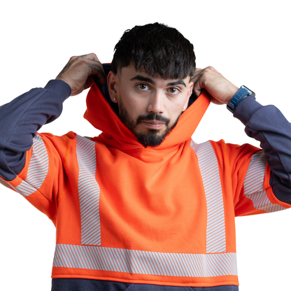 MWG BLOCKER Men's FR Pullover Hoodie. Men's FR Hoodie is orange and navy with silver reflective. FR Hoodie is CAT 3 FR.