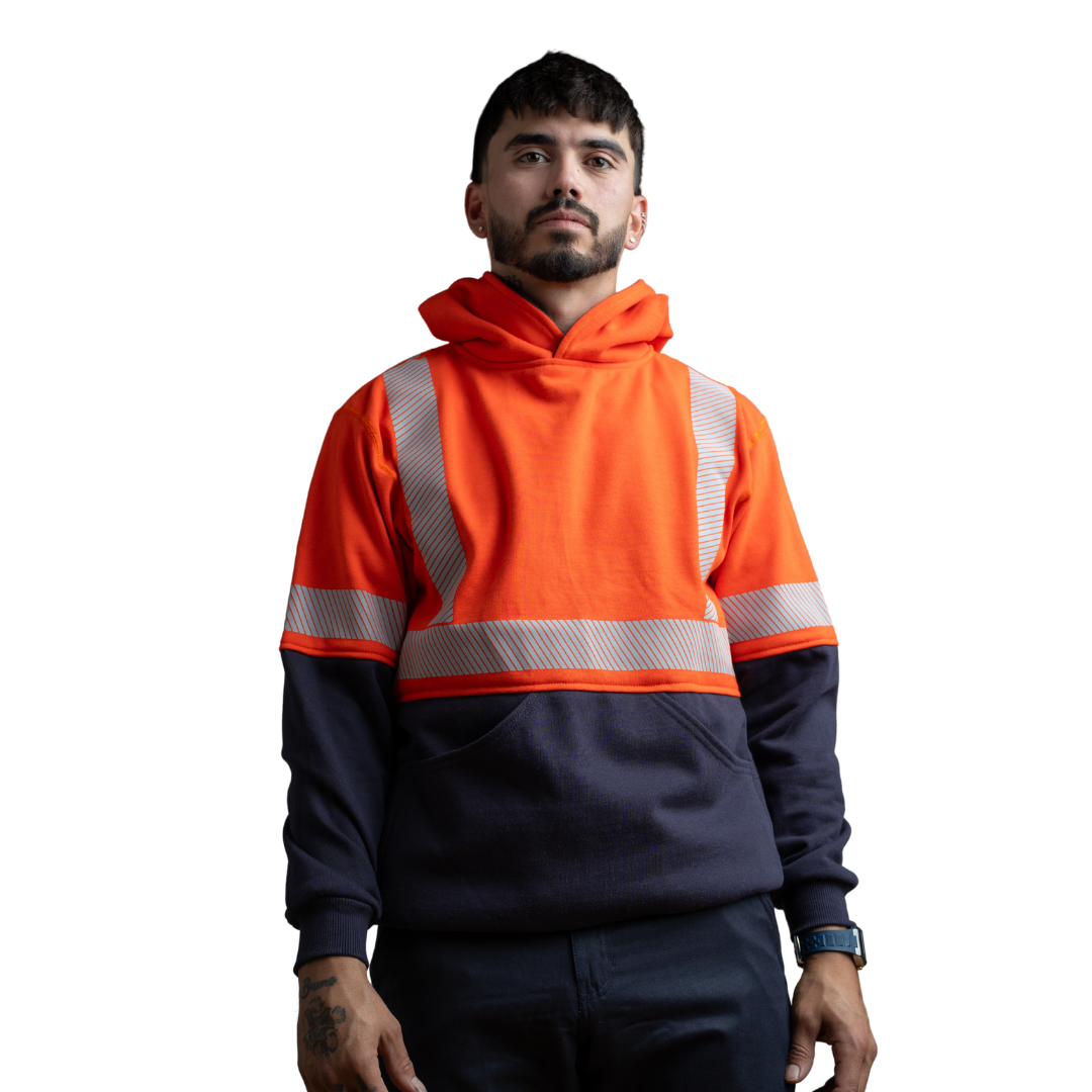 MWG BLOCKER Men's FR Pullover Hoodie. Men's FR Hoodie is orange and navy with silver reflective. FR Hoodie is CAT 3 FR.