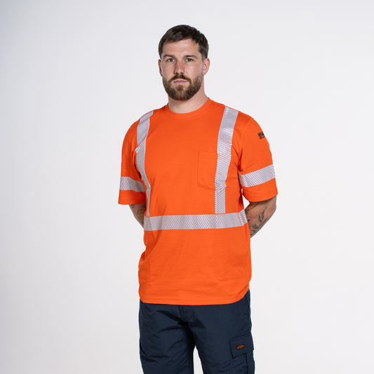 MWG EVOLUTION Men's FR T-Shirt. FR T-Shirt is bright orange with silver reflective striping. FR Shirt is CAT 2 FR.