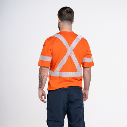 MWG EVOLUTION Men's FR T-Shirt. FR T-Shirt is bright orange with silver reflective striping. FR Shirt is CAT 2 FR.