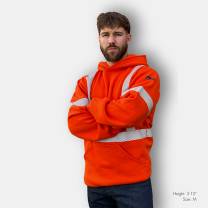 MWG COTTON COMFORT Men's FR Pullover Hoodie. Men's FR Hoodie is orange with silver reflective striping. Men's FR Hoodie is CAT 2 FR.