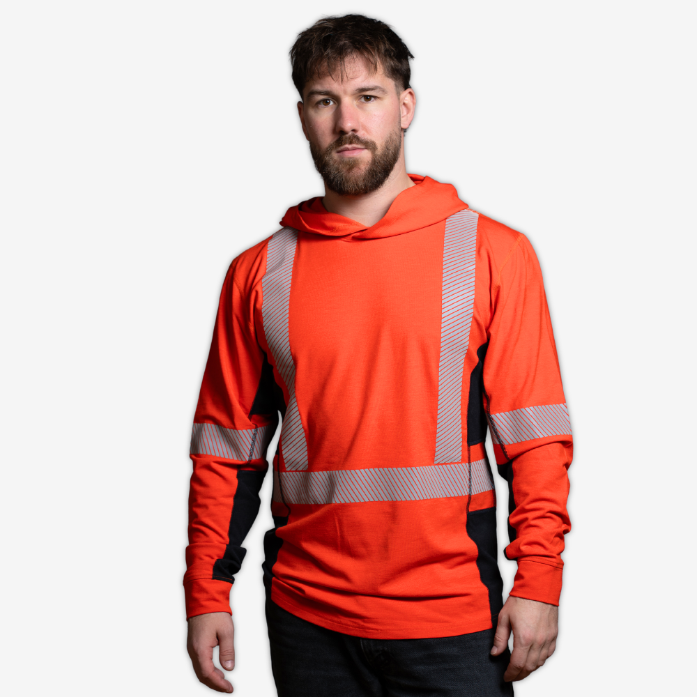 MWG ELEVATE Men's FR Performance Hoodie, an athletic arc-rated FR hoodie in orange and black with silver reflective striping
