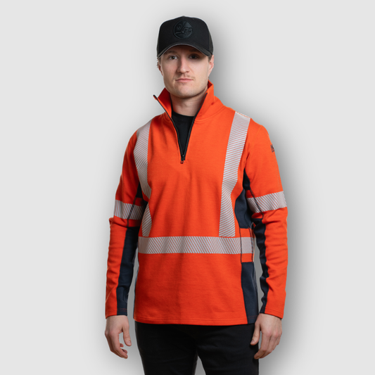 Men's FR Quarter Zip Sweater. FR Sweater is bright orange with silver reflective