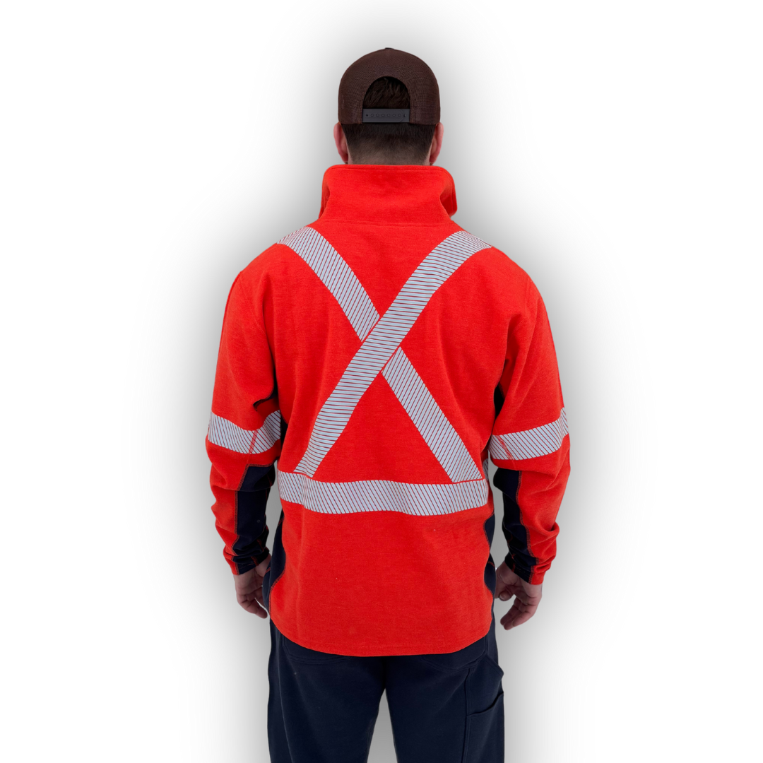 MWG PROFLEX Men's FR Quarter Zip. FR Quarter Zip is bright orange and made with inherently flame-resistant fabric.