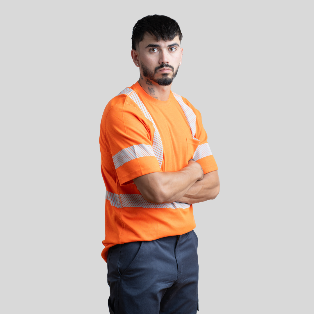 MWG EVOLUTION Men's FR T-Shirt. Men's FR T-Shirt is orange with silver reflective. Men's FR Shirt is CAT 2 FR.
