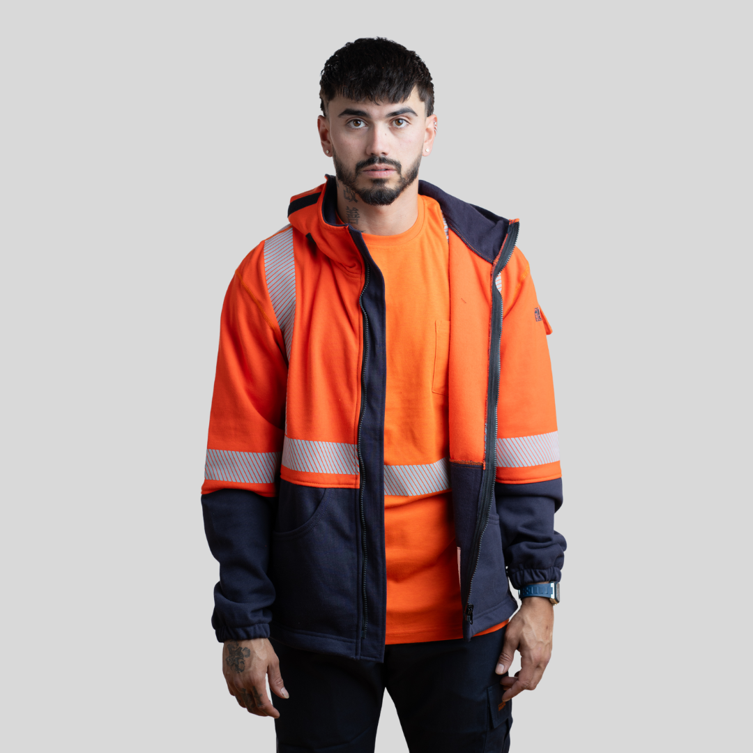 MWG BLOCKER Men's FR Hoodie. Men's FR Hoodie is orange and navy with silver reflective. Men's FR Hoodie is CAT 3 FR.