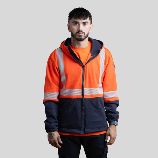MWG BLOCKER Men's FR Hoodie. Men's FR Hoodie is orange and navy with silver reflective. Men's FR Hoodie is CAT 3 FR.