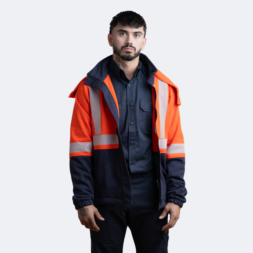 MWG BLOCKER Men's FR Hoodie. Men's FR Hoodie is orange and navy with silver reflective. FR Hoodie is CAT 3 FR.