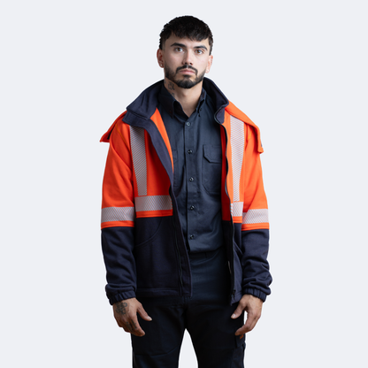 MWG BLOCKER Men's FR Hoodie. Men's FR Hoodie is orange and navy with silver reflective. FR Hoodie is CAT 3 FR.