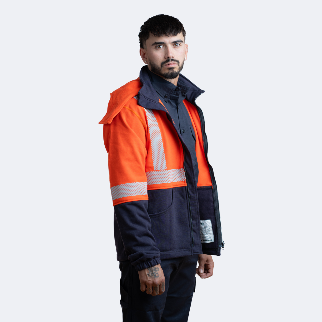 MWG BLOCKER Men's FR Hoodie. Men's FR Hoodie is orange and navy with silver reflective. FR Hoodie is CAT 3 FR.