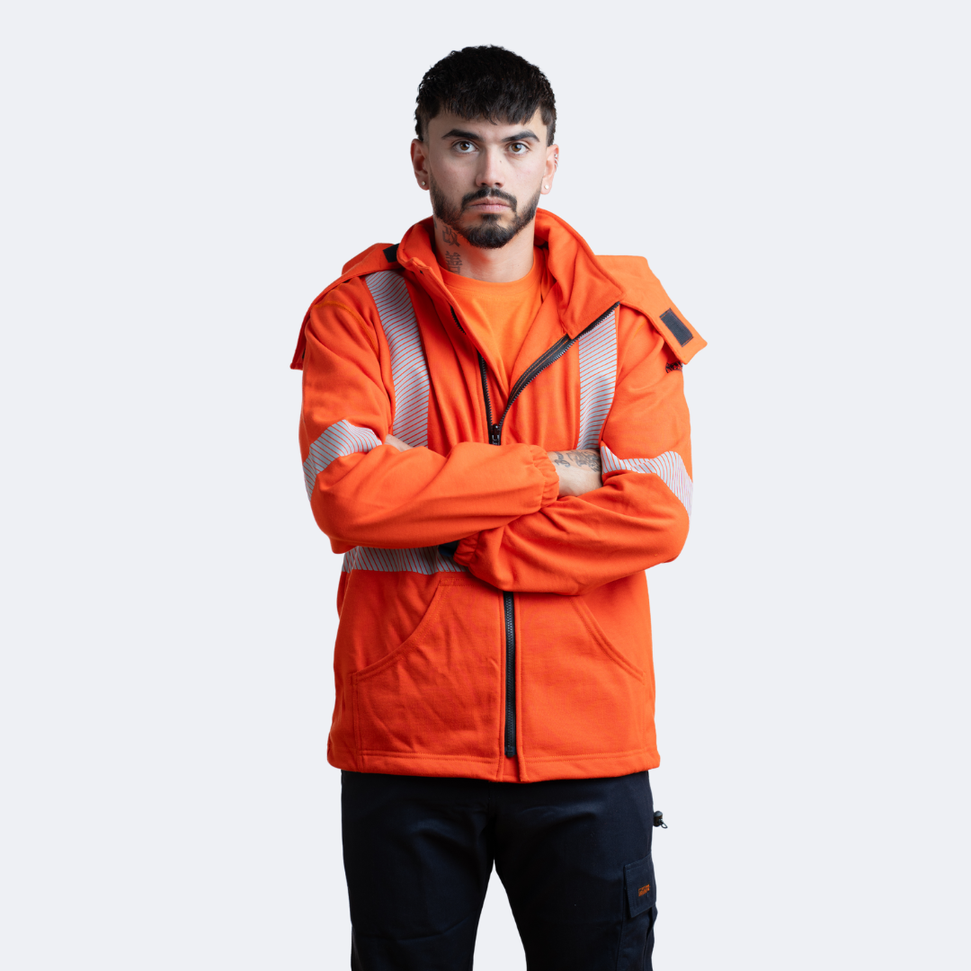 MWG BLOCKER Men's FR Fleece Jacket. Men's FR Jacket is orange with silver reflective. Men's FR Jacket is CAT 3 FR.