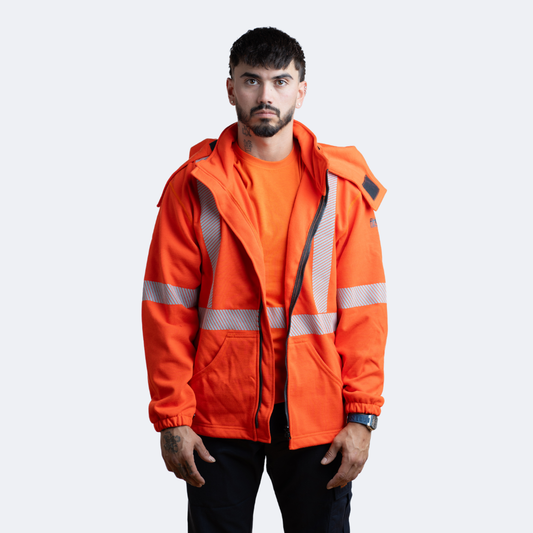 MWG BLOCKER Men's FR Fleece Jacket. Men's FR Jacket is orange with silver reflective. Men's FR Jacket is CAT 3 FR.