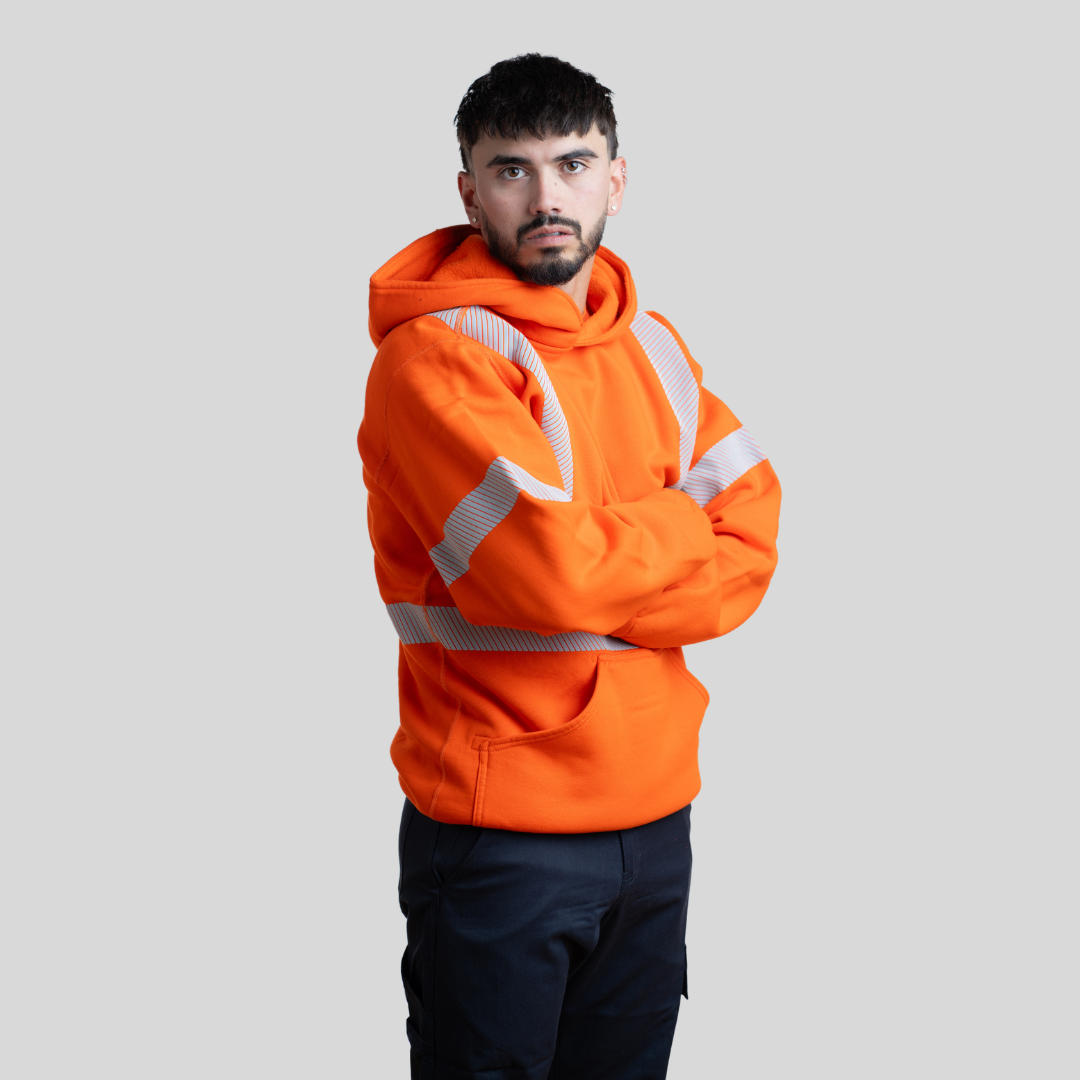 MWG COTTON COMFORT Men's FR Pullover Hoodie. Men's FR Hoodie is orange with silver reflective striping. Men's FR Hoodie is CAT 2 FR.