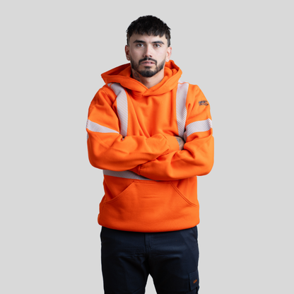MWG COTTON COMFORT Men's FR Pullover Hoodie. Men's FR Hoodie is orange with silver reflective striping. Men's FR Hoodie is CAT 2 FR.