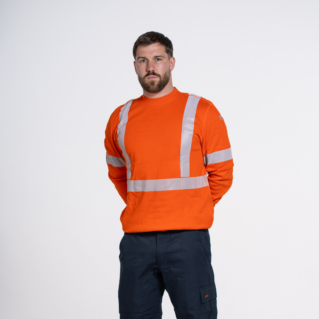 MWG COTTON COMFORT Men's FR Shirt. FR Shirt is bright orange with silver reflective striping. FR Shirt is CAT 2 FR.