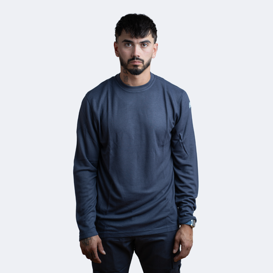 MWG TRANSMISSION Men's FR Base Layer Long-Sleeve. Men's FR Shirt is navy. Men's FR Shirt is CAT 2 FR.