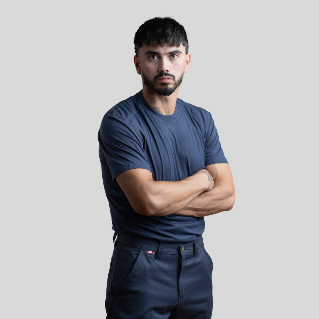 MWG FLEXSAFE Men's FR Base Layer T-Shirt. Men's FR T-Shirt is navy. FR T-Shirt is CAT 1 FR.