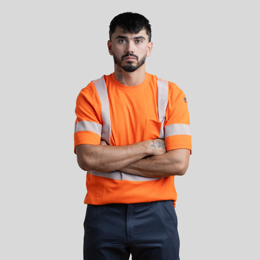 MWG EVOLUTION Men's FR T-Shirt. Men's FR T-Shirt is orange with silver reflective. Men's FR Shirt is CAT 2 FR.