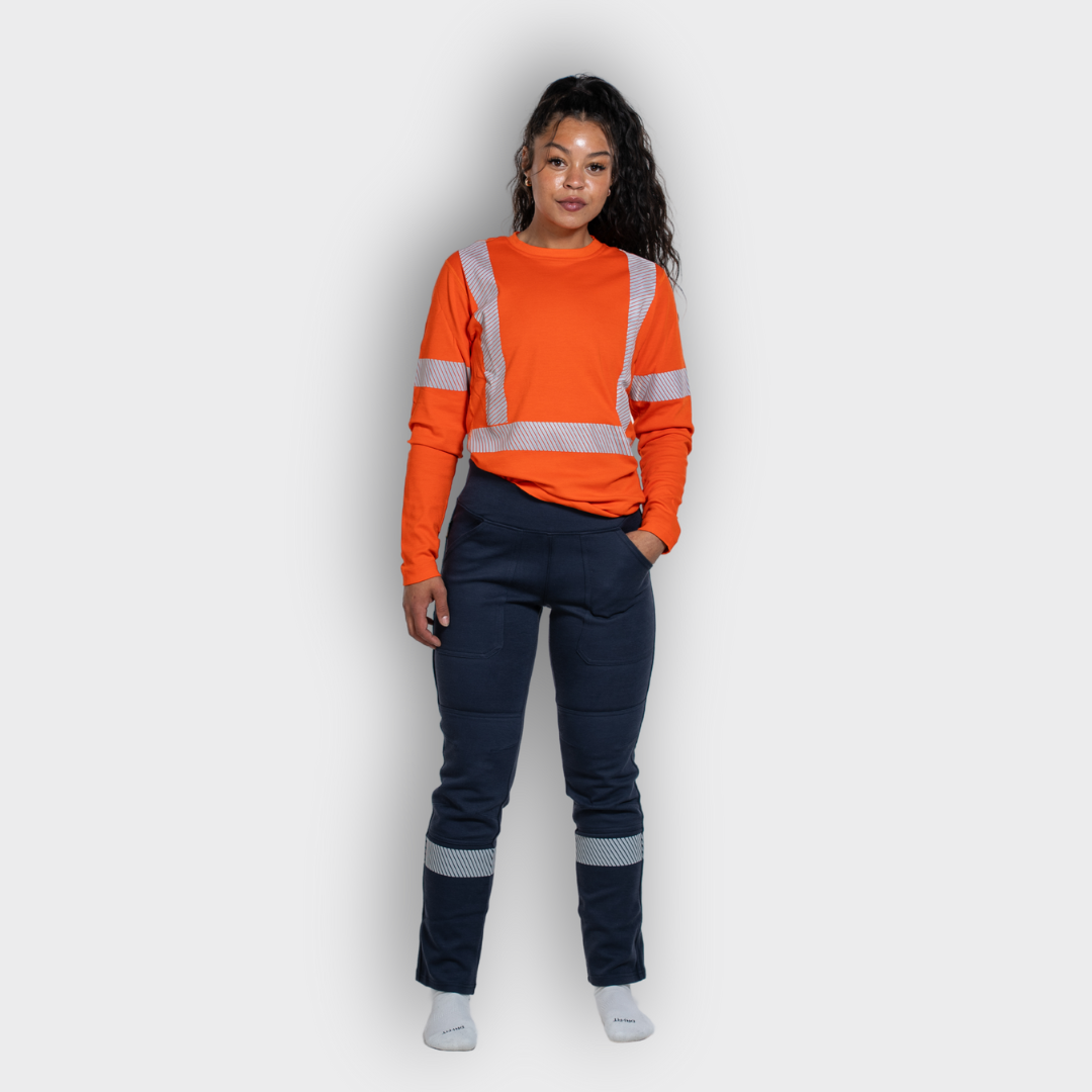 MWG PROFLEX Women's FR Utility Jogger. Women's FR Pant is navy with silver reflective striping. Women's FR Pant is CAT 3 FR.