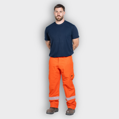 MWG COMFORT WEAVE Men's FR Utility Pant. Men's FR Pant is bright orange with silver reflective. Men's FR Pant is CAT 2 FR and Class 3 hi-vis when worn with Class 2 hi-vis shirt.