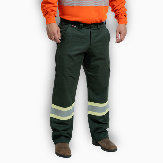 MWG COMFORT WEAVE Men's FR Utility Pant. Spruce green with yellow silver yellow reflective striping on lower leg. CAT 2 FR.