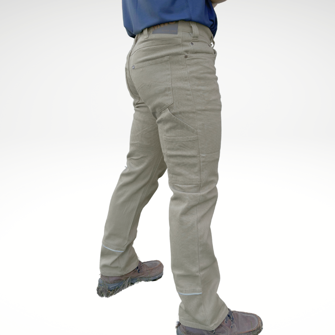 Men's Stretch Canvas Work Pant. Olive in color. Silver reflective on back of leg.