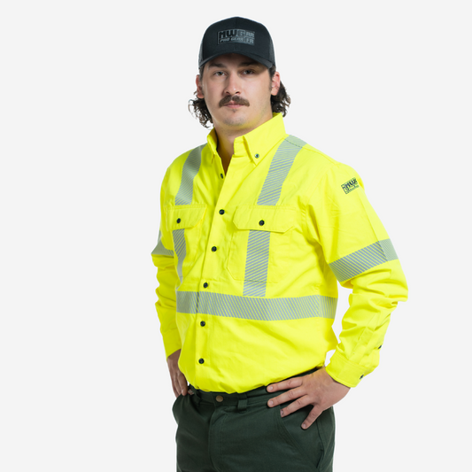 MWG COMFORT WEAVE Men's FR Button Shirt. FR Shirt is ansi yellow with reflective striping. CAT 2 FR.
