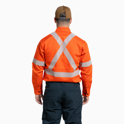 MWG COTTON COMFORT Men's FR Shirt. Men's FR Shirt is bright orange with silver segmented reflective striping on torso and sleeves for high-visibility. Men's FR Work Shirt has a dress shirt collar and black FR buttons on front. Men's FR Shirt has two large chest pockets with flaps. Men's FR Shirt is made with MWG COTTON COMFORT, a cotton-rich flame-resistant fabric. Men's FR Shirt has a CAT 2 FR rating.
