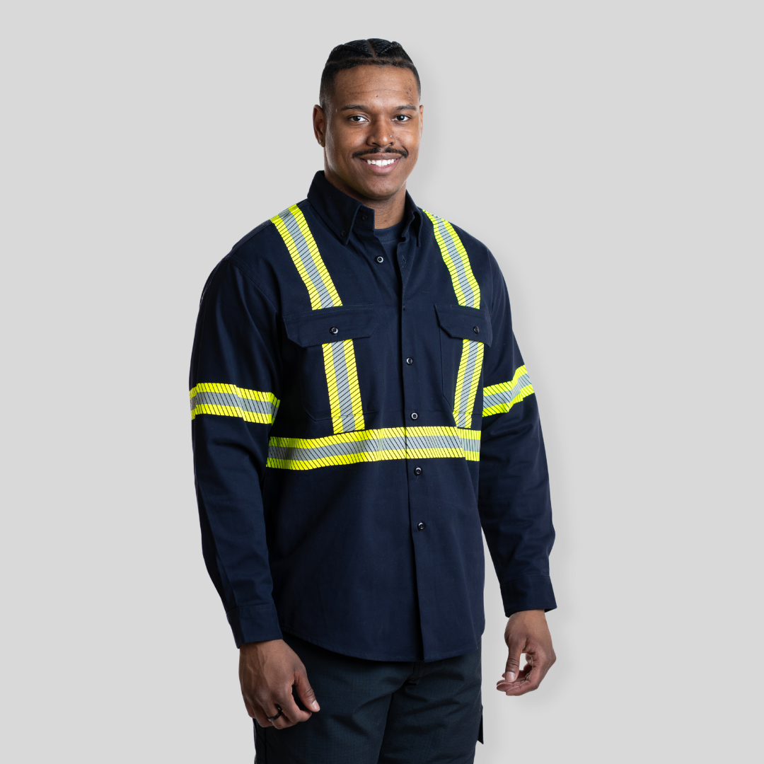 Man wearing navy hi-vis button up shirt from MWG Apparel