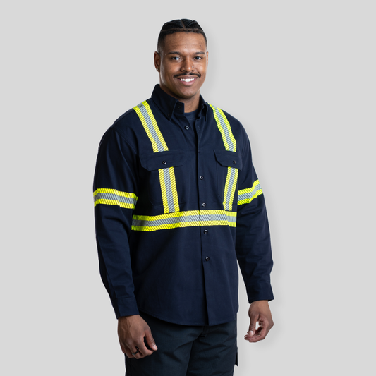 Man wearing navy hi-vis button up shirt from MWG Apparel