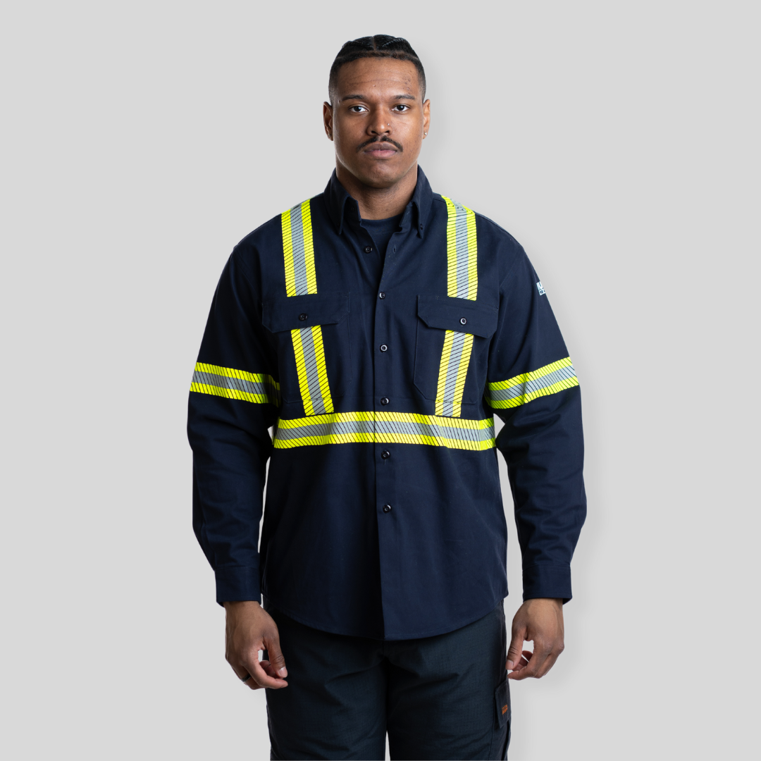 Man wearing navy hi-vis button up shirt from MWG Apparel