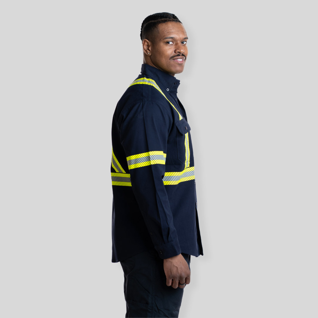 Man wearing navy hi-vis button up shirt from MWG Apparel