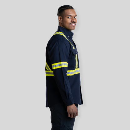 Man wearing navy hi-vis button up shirt from MWG Apparel