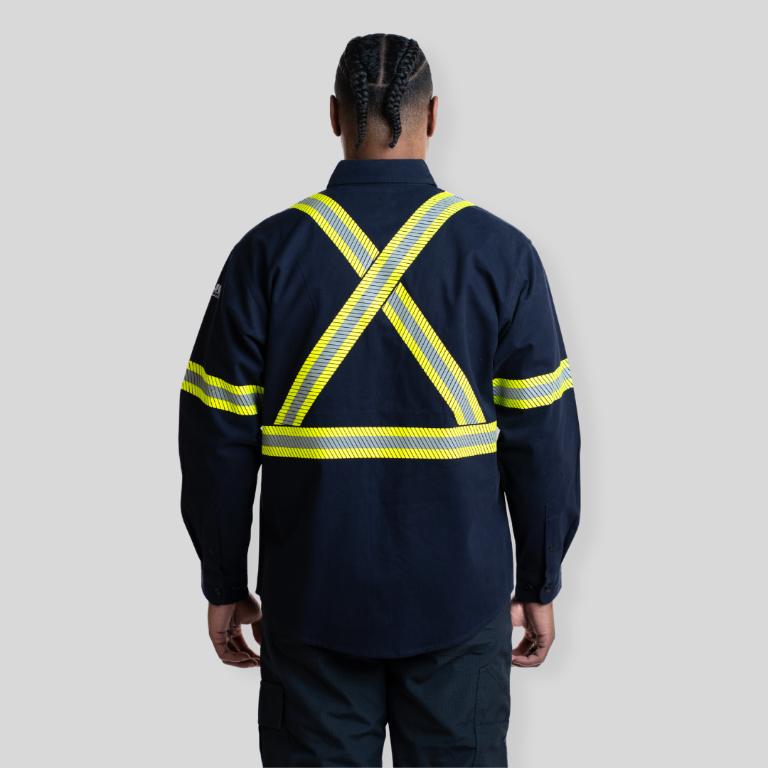 Man wearing navy hi-vis button up shirt from MWG Apparel