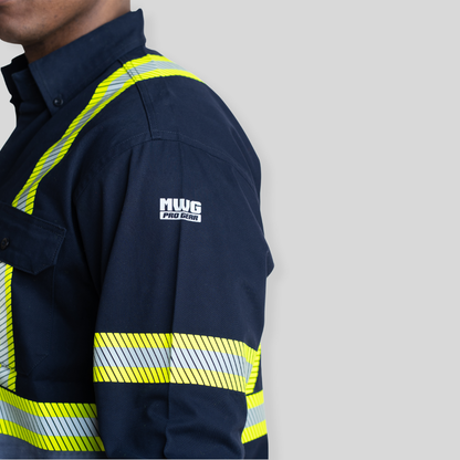 Man wearing navy hi-vis button up shirt from MWG Apparel