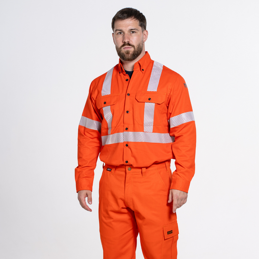 MWG COMFORT WEAVE Men's FR Button Shirt. Men's FR Shirt is bright orange with silver reflective striping. FR Shirt is CAT 2 FR.