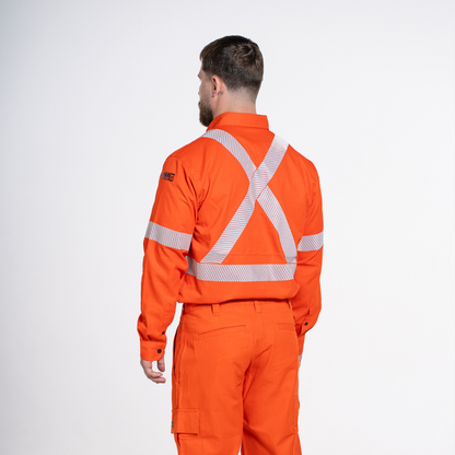 MWG COMFORT WEAVE Men's FR Button Shirt. Men's FR Shirt is bright orange with silver reflective striping. FR Shirt is CAT 2 FR.