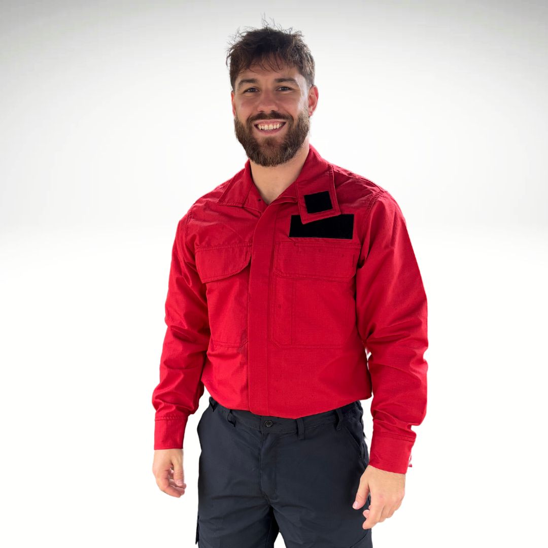 MWG RIPGUARD Men's FR Wildland Shirt. Men's FR Shirt is bright red with a black velcro name patch.