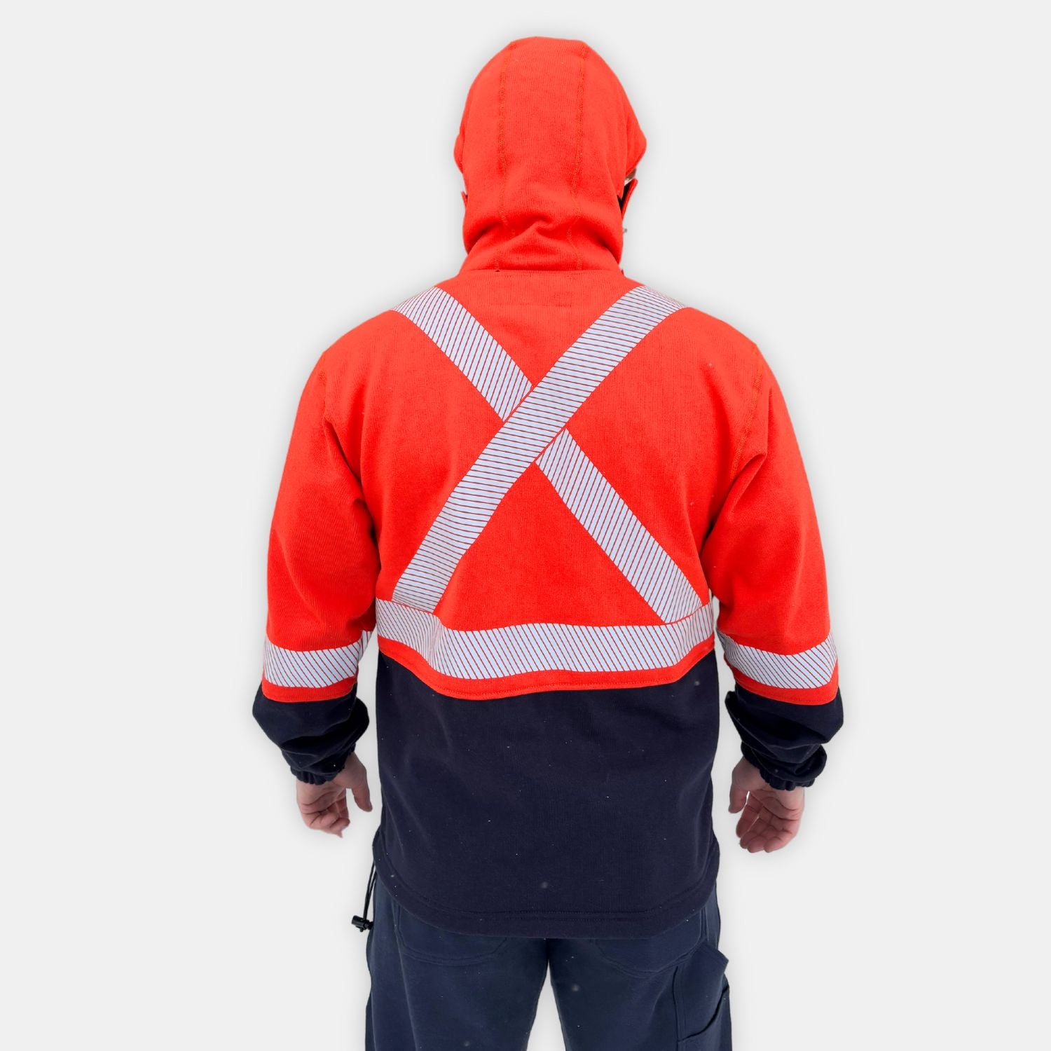 MWG BLOCKER Men's FR Full Zip Hoodie. Orange and navy with silver hi-vis reflective striping.