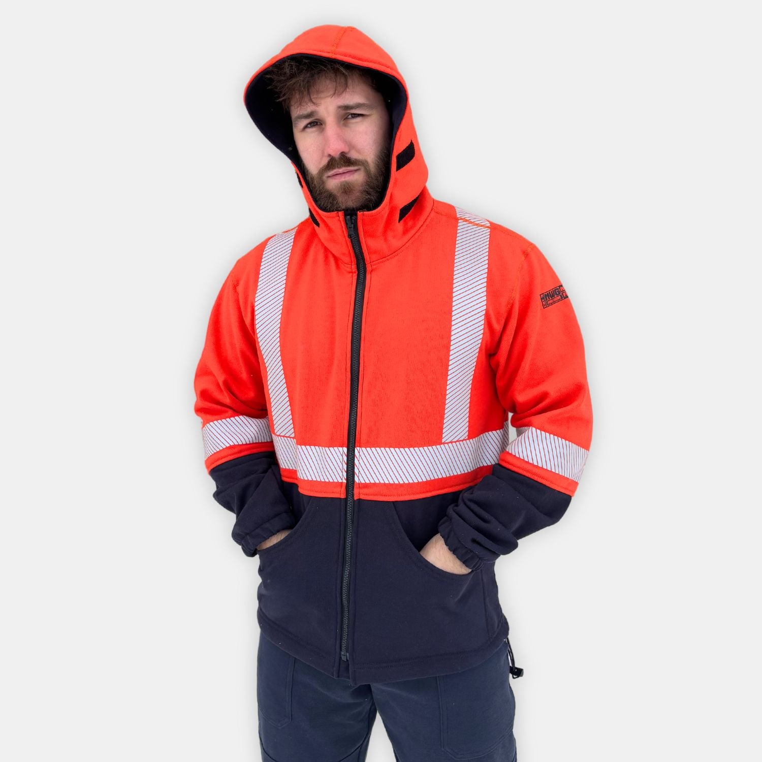 MWG BLOCKER Men's FR Full Zip Hoodie. Orange and navy with silver hi-vis reflective striping.